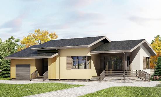 135-002-Л Проект одноэтажного дома и гаражом, экономичный домик из теплоблока Симферополь | Проекты домов от House Expert